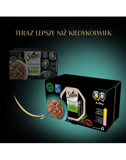 SHEBA Nature's Collection Mix Smaków w sosie tacka 8x85g kurczakiem z papryką i łosoś z groszkiem