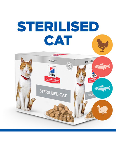 HILL'S Science Plan Feline Young Adult Sterilised Cat Multipack z kurczakiem, z pstrągiem, z tuńczykiem, z łososiem 12x85 g