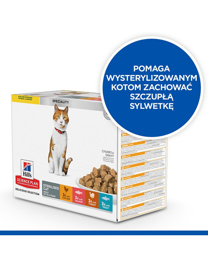 HILL'S Science Plan Feline Young Adult Sterilised Cat Multipack z kurczakiem, z pstrągiem, z tuńczykiem, z łososiem 12x85 g