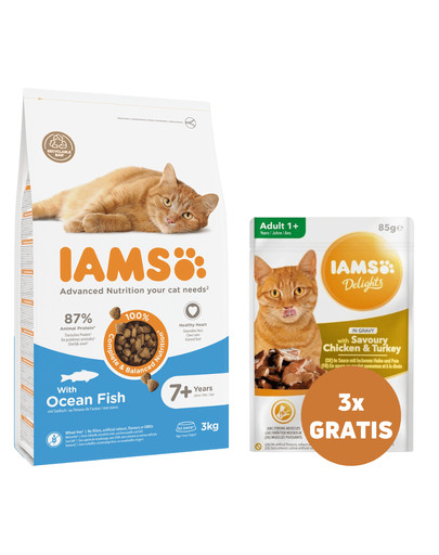 IAMS For Vitality Cat Senior Ocean Fish karma dla starszych kotów z rybą 3 kg + 3 x kurczak i indyk w sosie 85 g GRATIS
