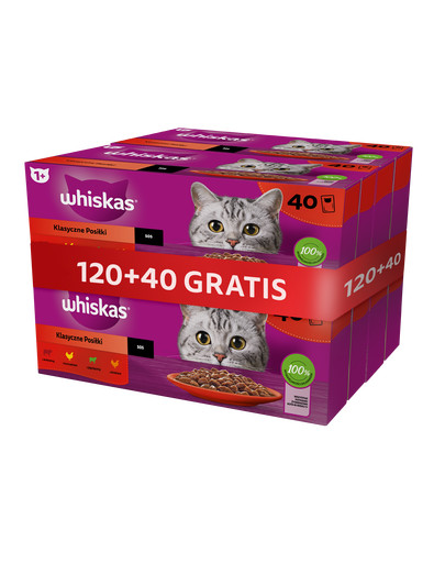 WHISKAS Klasyczne Posiłki mokra karma pełnoporcjowa dla dorosłych kotów w sosie 120x85 g + 40 saszetek GRATIS