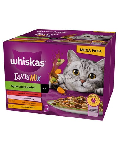 Adult Tasty Mix Wybór Szefa Kuchni w sosie 24x85 g kawałki z wołowiną, łososiem, kurczakiem i indykiem, kurczakiem i dorszem dla dorosłych kotów