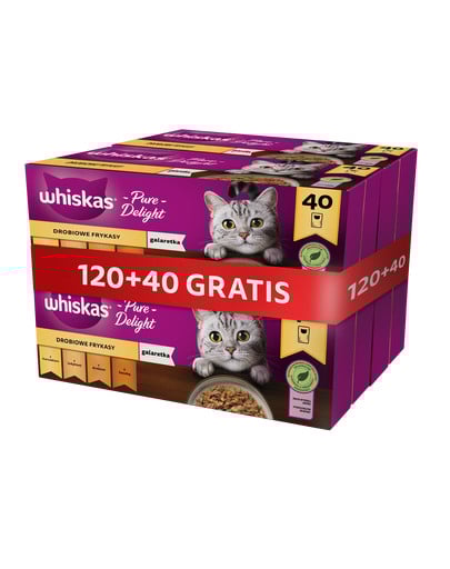 WHISKAS Potrawka Adult 120x85g Smaki Drobiowe mokra karma dla kotów w galaretce (z kurczakiem, z kaczką, z drobiem, z indykiem) + 40 saszetek GRATIS