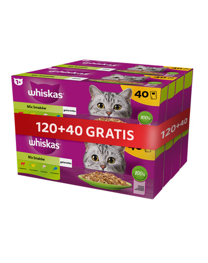 WHISKAS Adult 120x85g Smaki Rybne i Tradycyjne mokra karma dla kota w galaretce (z kurczakiem, z łososiem, z wołowiną, z tuńczykiem) + 40 saszetek GRATIS