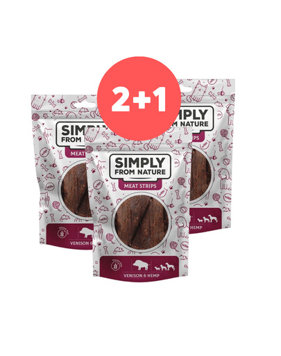 SIMPLY FROM NATURE Meat Strips Mięsne paski z dziczyzną i konopiami dla psów 2 x 80g + 80g GRATIS