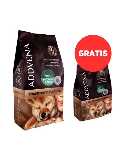 ADDVENA Boosted by Superfoods Adult medium&large 10kg dla psów ras średnich i dużych + 2,5 kg GRATIS