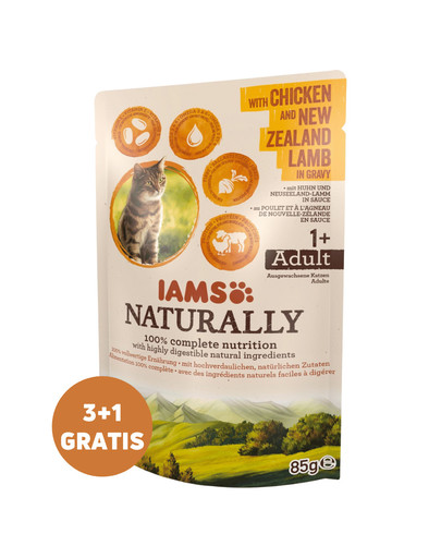 IAMS Naturally Adult Cat w sosie dla dorosłych kotów 3x85 g + 1 GRATIS