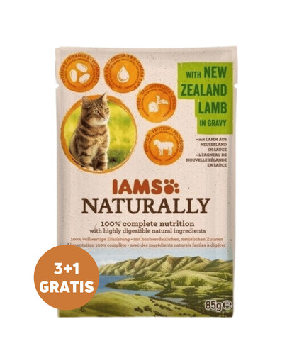 IAMS Naturally Adult Cat w sosie dla dorosłych kotów 3x85 g + 1 GRATIS