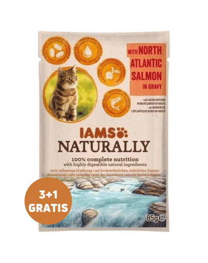 IAMS Naturally Adult Cat w sosie dla dorosłych kotów 3x85 g + 1 GRATIS