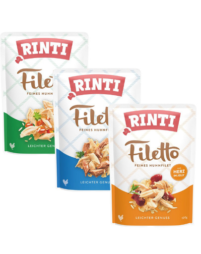 RINTI Filetto in Jelly Mix smaków z kurczakiem w galaretce 24x100 g kurczak i warzywa,  kurczak i kaczka, kurczak i serca drobiowe