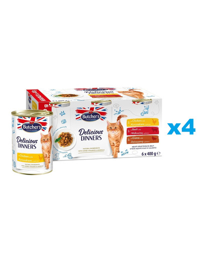 BUTCHER'S Delicious Dinners Cat Meaty selection in Jelly 24x400 g kawałki w galarecie z kurczakiem, z wołowiną i z dziczyzną dla kota