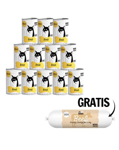 PAKA ZWIERZAKA PEPE Goat 99% (koza) 12 x 400g monoproteinowa karma + Kiełbaska z wołowiny dla psa 200g GRATIS