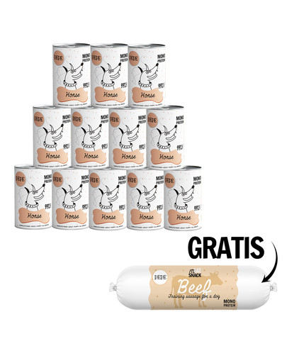 PAKA ZWIERZAKA PEPE Horse 99% (koń) 12 x 400g monoproteinowa karma + Kiełbaska z wołowiny dla psa 200g GRATIS