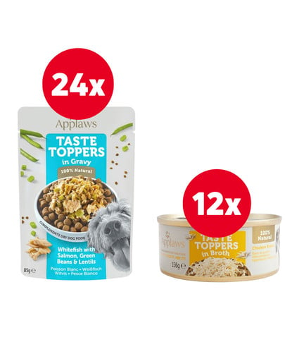 APPLAWS Taste Toppers Białe ryby, łosoś, fasola w galaretce 24 x 85g + Pierś z kurczaka w bulionie 12 x 156 g GRATIS