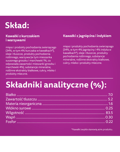 WHISKAS Adult saszetka 4x85g Kremowe Wariacje mokra karma dla dorosłych kotów w sosie z: kurczakiem i warzywami, jagnięciną i indykiem