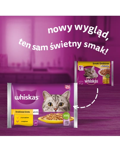 WHISKAS Senior saszetka 4x85g Drobiowa Uczta mokra karma dla starszych kotów w galaretce z: kurczakiem, indykiem