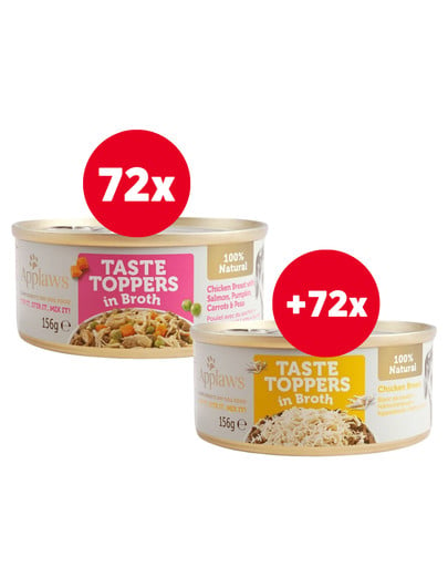 APPLAWS Taste Toppers Pierś z kurczaka, łosoś, dynia w bulionie 72 x 156 g + Pierś z kurczaka w bulionie 72 x 156 g GRATIS