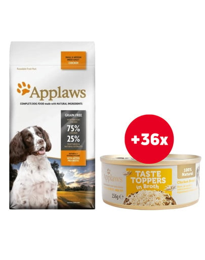 APPLAWS Adult Small & Medium Breed karma dla dorosłych psów ras małych i średnich z kurczakiem 15 kg + Pierś z kurczaka w bulionie 36 x 156 g GRATIS