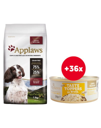 APPLAWS Small & Medium Breed Chicken and Lamb sucha karma dla psów ras małych i średnich kurczak z jagnięciną 15 kg + Pierś z kurczaka w bulionie 36 x 156 g GRATIS