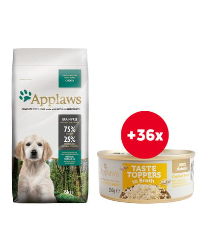 APPLAWS Puppy Small & Medium Breed Chicken sucha karma dla szczeniąt ras małych i średnich z kurczakiem 15 kg + Pierś z kurczaka w bulionie 36 x 156 g GRATIS