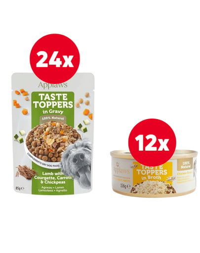 APPLAWS Taste Toppers Jagnięcina, marchewka, ciecierzyca w galaretce 24 x 85 g + Pierś z kurczaka w bulionie 12 x 156 g GRATIS