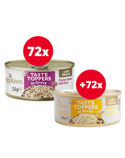 APPLAWS Taste Toppers Pierś z kurczaka i kaczka 72 x 156 g + Pierś z kurczaka w bulionie 72 x 156 g GRATIS