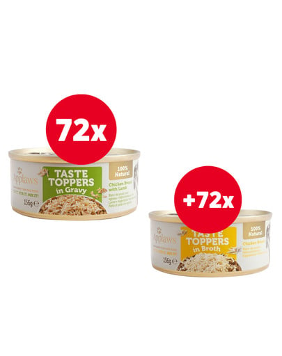 APPLAWS Taste Topper Pierś z kurczaka z jagnięciną w sosie 72 x 156 g + Pierś z kurczaka w bulionie 72 x 156 g GRATIS