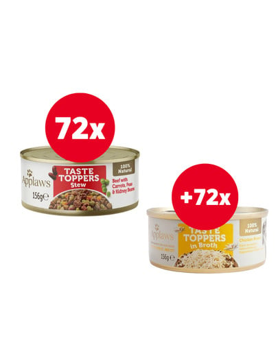 APPLAWS Taste Toppers Gulasz z wołowiną, marchewkami i groszkiem 72 x 156 g + Pierś z kurczaka w bulionie 72 x 156 g GRATIS