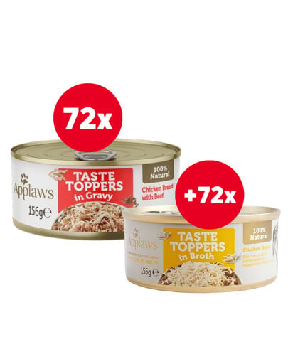 APPLAWS Taste Toppers Pierś z kurczaka z wołowiną w galaretce 72 x 156 g + Pierś z kurczaka w bulionie 72 x 156 g GRATIS