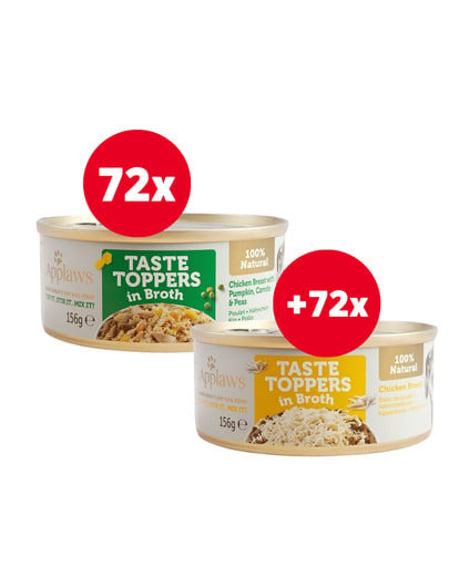 APPLAWS Taste Toppers Pierś z kurczaka, dynia, groszek w bulionie 72 x 156 g + Pierś z kurczaka w bulionie 72 x 156 g GRATIS