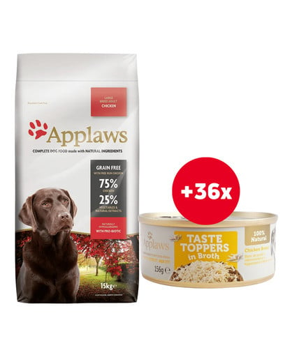 APPLAWS Large Breed Chicken sucha karma dla dorosłych psów ras dużych z kurczakiem 15 kg + Pierś z kurczaka w bulionie 36 x 156 g GRATIS