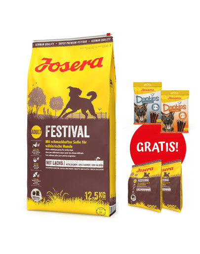 JOSERA Festival 12,5kg dla dorosłych wybrednych psów z sosem + 2x900g & 2x Denties 180g GRATIS