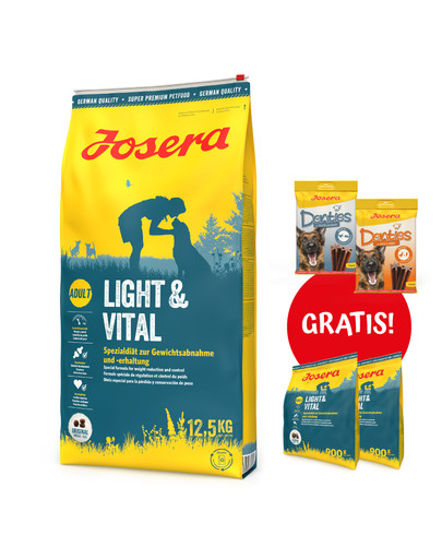 JOSERA Light&Vital 12,5kg dla dorosłych psów wspomagająca redukcję masy ciała + 2x900g & 2x Denties 180g GRATIS