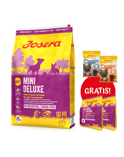 JOSERA Mini Deluxe 10 kg dla psów dorosłych ras miniaturowych + 2x900g & 2x Denties 180g GRATIS