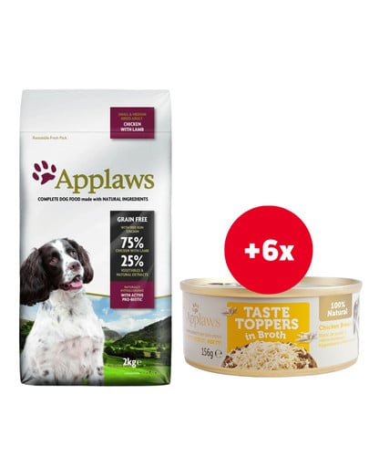 APPLAWS Adult Dog Small Medium Chicken with Lamb 2 kg Kurczak z jagnięciną dla dorosłych psów małych i średnich ras + Pierś z kurczaka w bulionie 6 x 156 g GRATIS