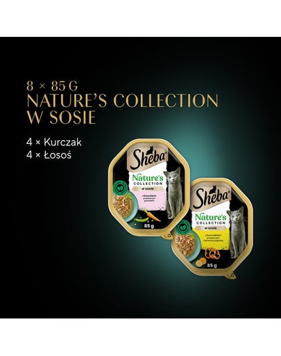 SHEBA Nature's Collection Mix Smaków w sosie tacka 8x85g kurczakiem z papryką i łosoś z groszkiem