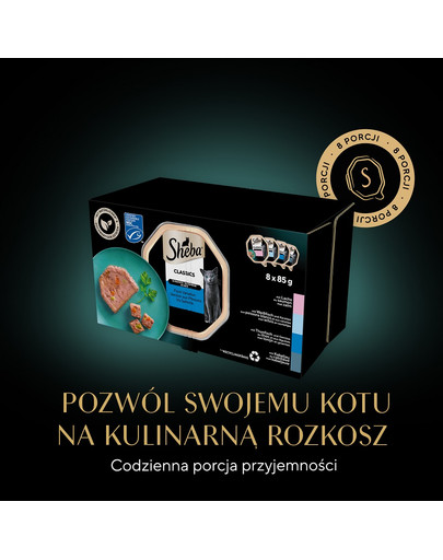 SHEBA Classics Rybne Smaki tacki 8x85 g w terynie z łososiem, białą rybą i marchewką, tuńczykiem i warzywami, dorszem