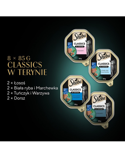 SHEBA Classics Rybne Smaki tacki 8x85 g w terynie z łososiem, białą rybą i marchewką, tuńczykiem i warzywami, dorszem