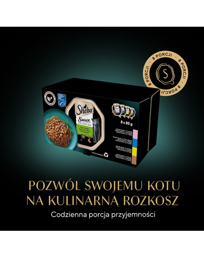 SHEBA Sauce Collection Wybór Smaków tacki 8x85 g w sosie z łososiem, tuńczykiem, kurczakiem, kaczką