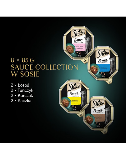 SHEBA Sauce Collection Wybór Smaków tacki 8x85 g w sosie z łososiem, tuńczykiem, kurczakiem, kaczką