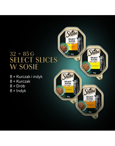SHEBA Select Slices in Gravy Mix smaków drobiowych w sosie drób, kurczak i indyk 32x85g
