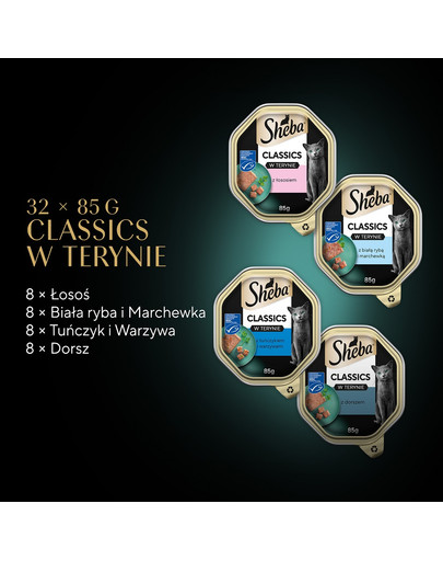 SHEBA Classic in Pate Ocean Selection mix smaków rybnych w formie pasztetu Biała Ryba, dorsz, łosoś i tuńczyk 32x85g