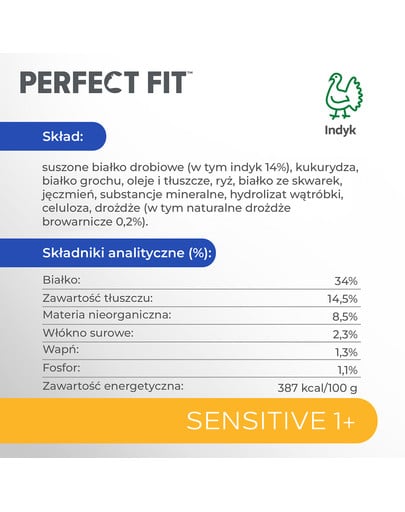 PERFECT FIT Sensitive 1+ Bogata w indyka 7 kg sucha karma pełnoporcjowa dla dorosłych wrażliwych kotów