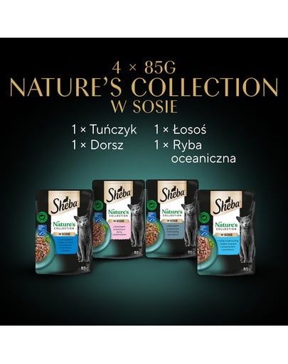 SHEBA  Nature’s Collection Rybne Smaki mokra karma pełnoporcjowa dla dorosłych kotów w sosie tuńczykiem i olejem lnianym saszetka 4x85 g