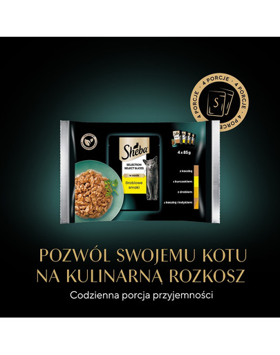 SHEBA Selection Select Slices Drobiowe Smaki 4x85g mokra karma z kaczką, kurczakiem, drobiem, kaczką i indykiem dla kota