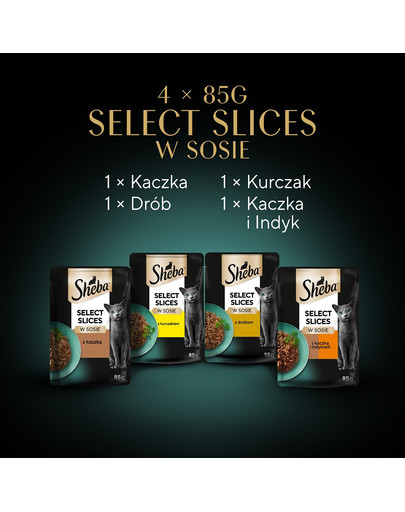 SHEBA Selection Select Slices Drobiowe Smaki 4x85g mokra karma z kaczką, kurczakiem, drobiem, kaczką i indykiem dla kota