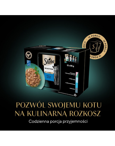 SHEBA Selection Rybne Smaki w sosie 12x85g mokra karma z łososiem i dorszem czarnym, białą rybą, rybą oceaniczną, dorszem dla kota