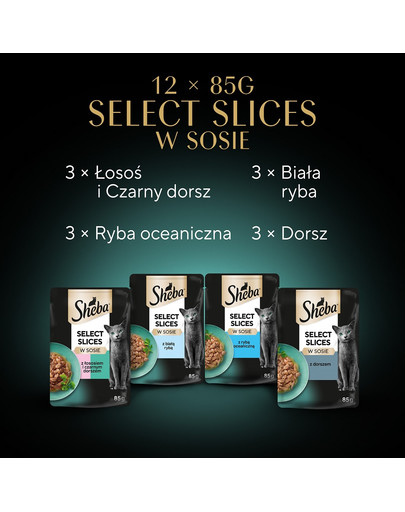 SHEBA Selection Rybne Smaki w sosie 12x85g mokra karma z łososiem i dorszem czarnym, białą rybą, rybą oceaniczną, dorszem dla kota