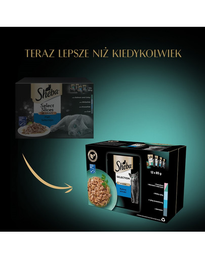 SHEBA Selection Rybne Smaki w sosie 12x85g mokra karma z łososiem i dorszem czarnym, białą rybą, rybą oceaniczną, dorszem dla kota