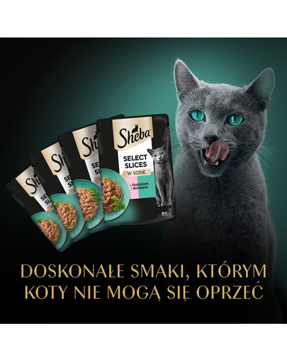 SHEBA Selection Rybne Smaki w sosie 12x85g mokra karma z łososiem i dorszem czarnym, białą rybą, rybą oceaniczną, dorszem dla kota